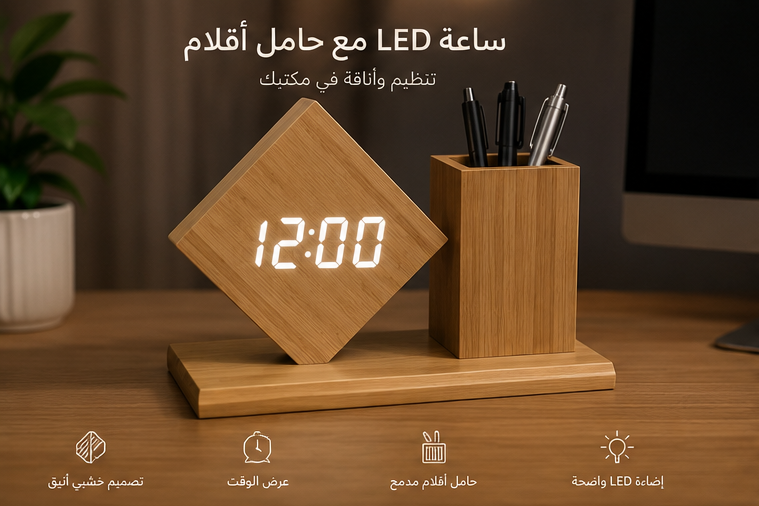 A wooden desk organizer set featuring a diamond-shaped digital clock with glowing LED numbers and a matching rectangular pen holder filled with pens, placed on a wooden desk in an office-like setting.